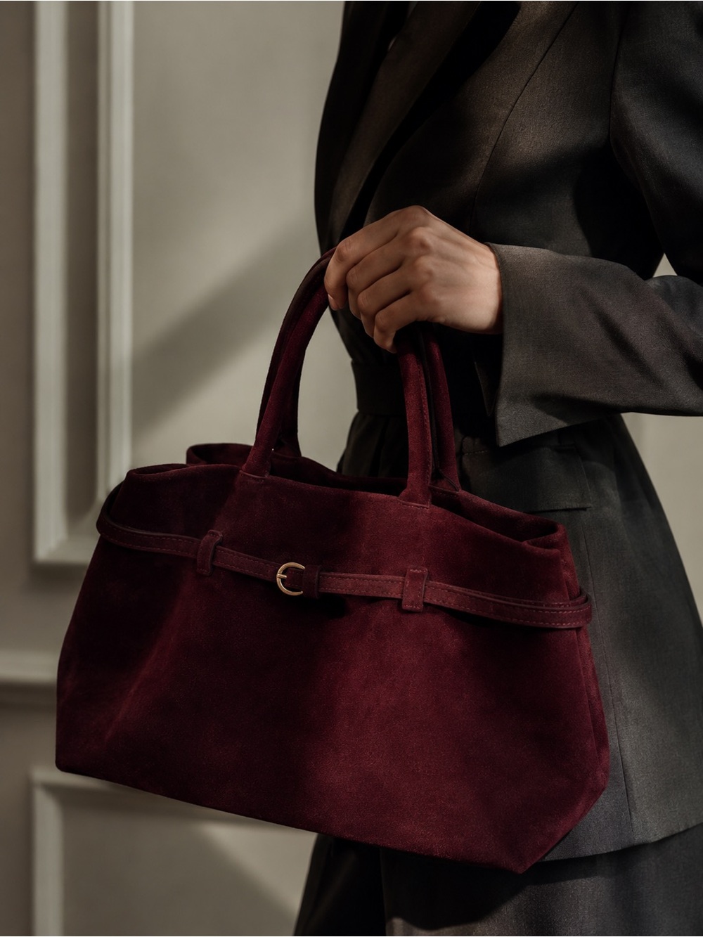 Elegant Italian Boutique Suede Tote Bag in Deep Burgundy